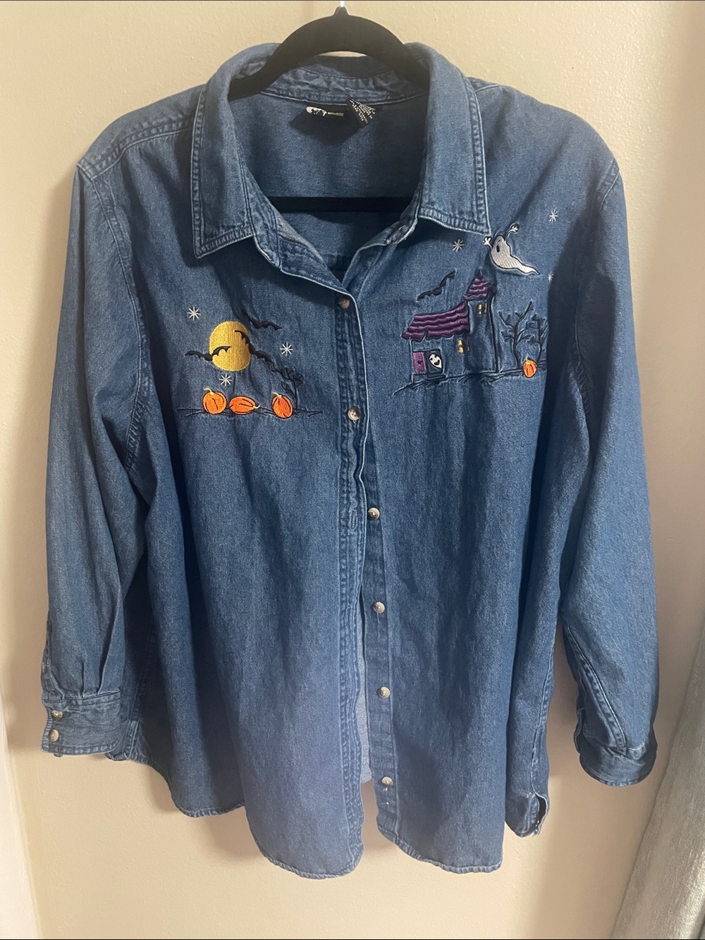 Vintage 90s Holiday Editions Denim Button-Down Shirt with Halloween Embroidery